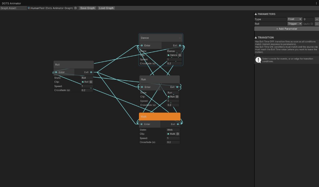 DOTS Animator graph editor showing animation state transitions