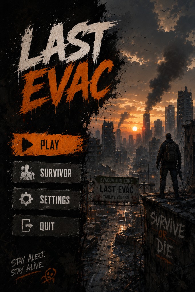 Last Evac title screen with a ruined city background