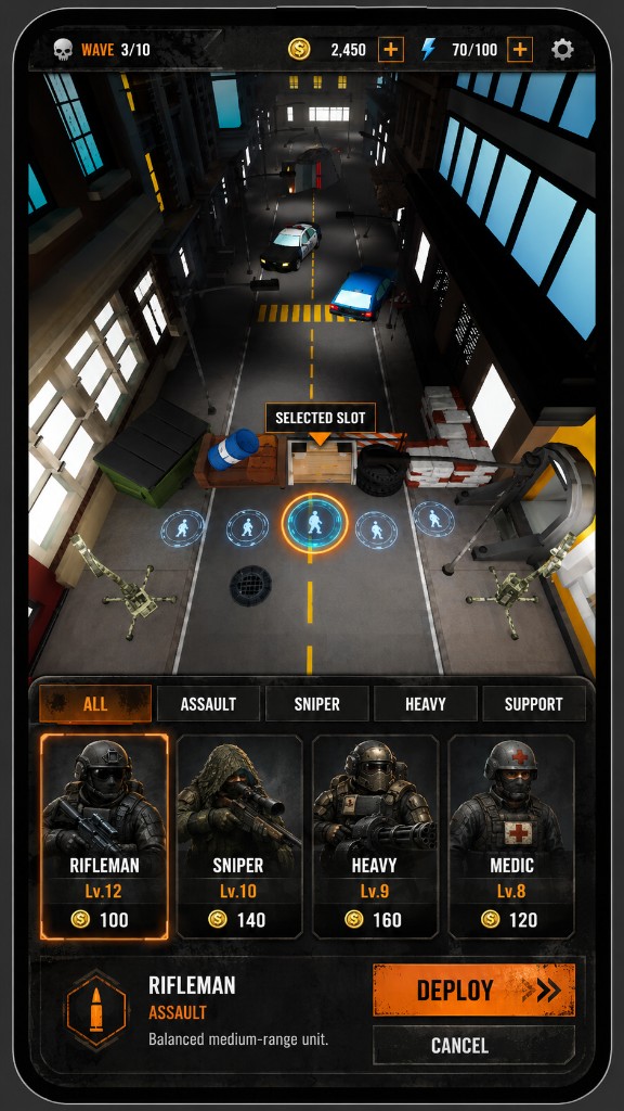 Last Evac gameplay screen showing unit deployment and city defense
